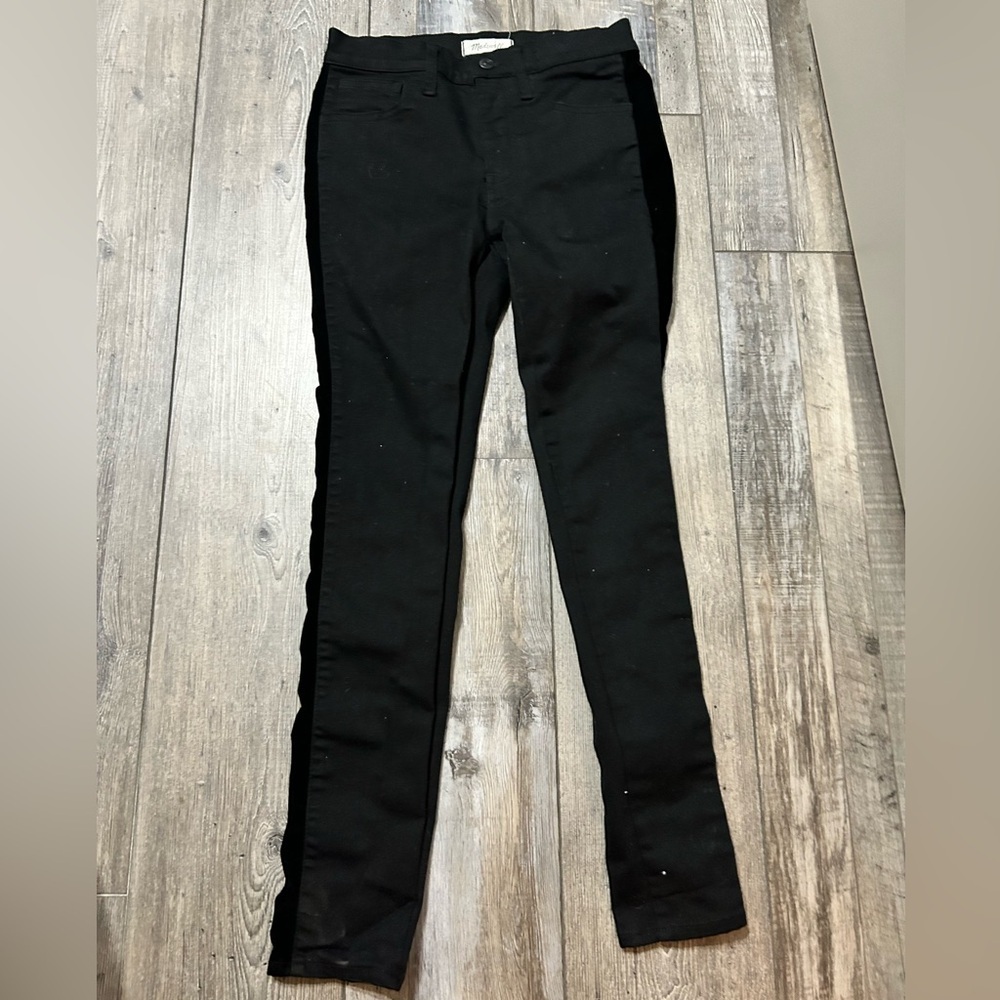 Madewell black velvet tuxedo stripe 9” high rise skinny jeans Size 27